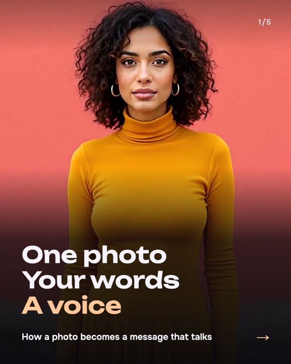 The first slide of a swipe-through post: One photo, your words, a voice