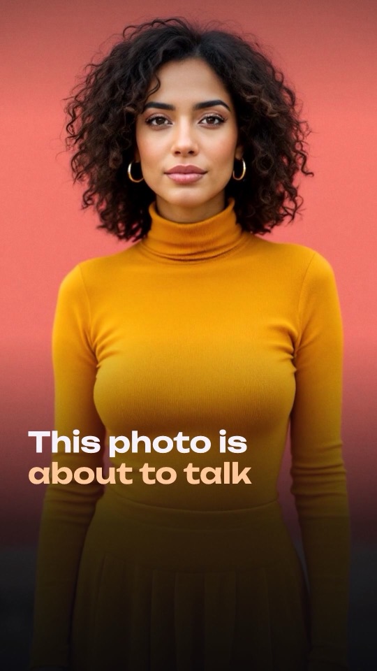 The first frame of a short video: a woman's photo with the words This photo is about to talk